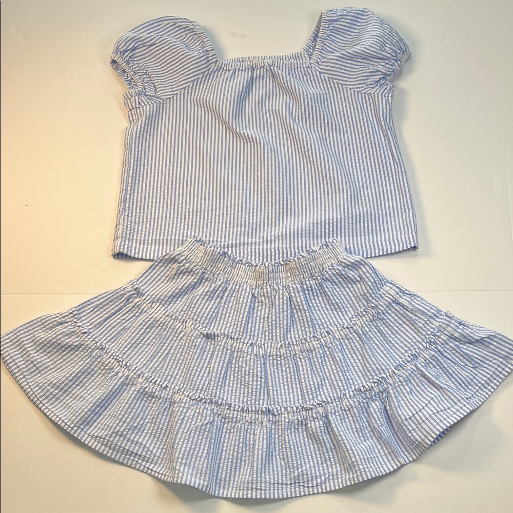 Crewcuts Girls Cotton Blue and White Striped Top and Skirt Set Sz 6-7
